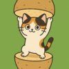 じゃがいもの中から立ち上がる可愛い三毛猫のイラスト、素朴で温かみのあるポップなキャラクターデザイン / Cute calico cat illustration standing inside a potato, rustic and warm pop-style character design