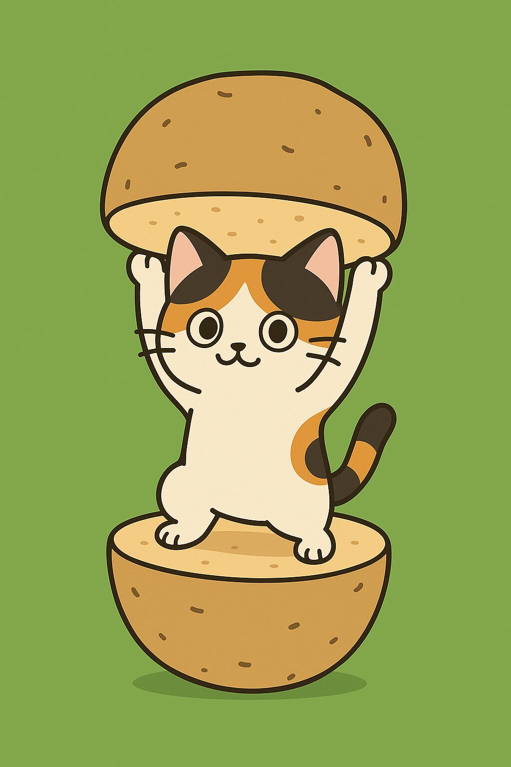 じゃがいもの中から立ち上がる可愛い三毛猫のイラスト、素朴で温かみのあるポップなキャラクターデザイン / Cute calico cat illustration standing inside a potato, rustic and warm pop-style character design