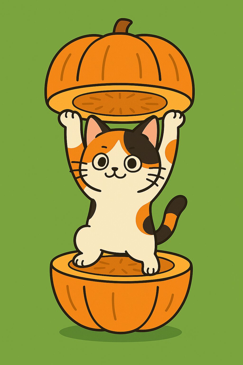 かぼちゃの中から両手を上げて立つ可愛い三毛猫のイラスト、秋らしい色合いが魅力のポップで親しみやすいキャラクターデザイン / Cute calico cat illustration standing inside a pumpkin with both paws raised, warm autumn colors and friendly pop-style character design