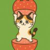 いちごの中から立ち上がる可愛い三毛猫のイラスト、甘く可愛らしい雰囲気のポップで親しみやすいキャラクターデザイン / Cute calico cat illustration standing inside a strawberry, sweet and charming friendly pop-style character design