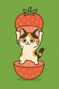 いちごの中から立ち上がる可愛い三毛猫のイラスト、甘く可愛らしい雰囲気のポップで親しみやすいキャラクターデザイン / Cute calico cat illustration standing inside a strawberry, sweet and charming friendly pop-style character design