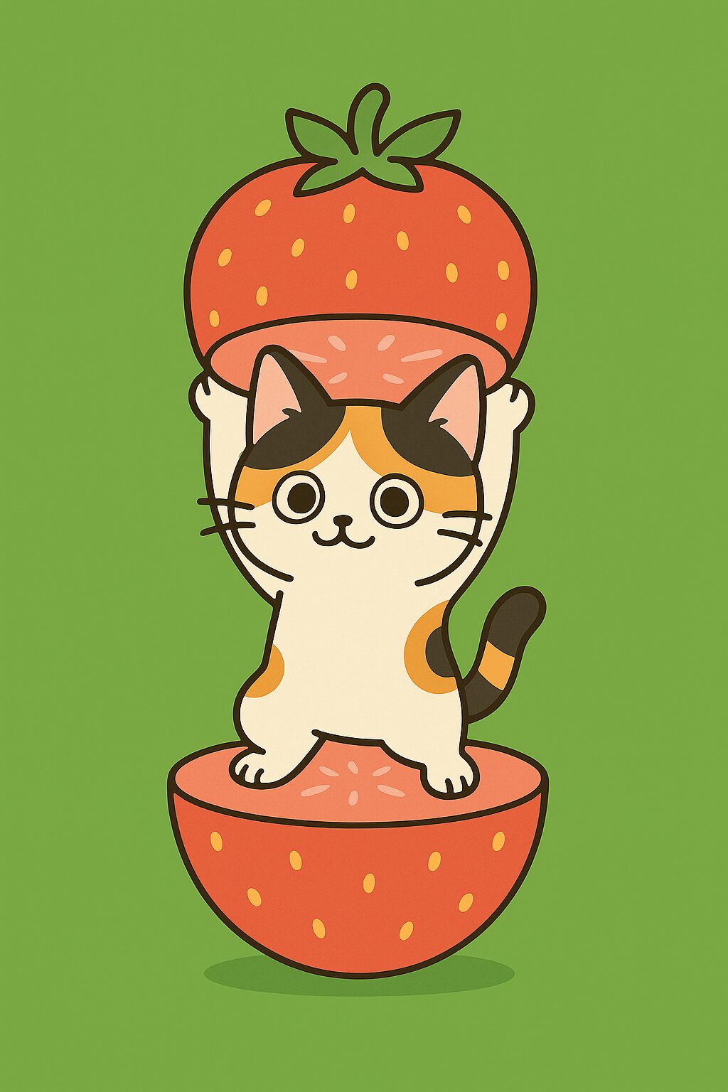 いちごの中から立ち上がる可愛い三毛猫のイラスト、甘く可愛らしい雰囲気のポップで親しみやすいキャラクターデザイン / Cute calico cat illustration standing inside a strawberry, sweet and charming friendly pop-style character design