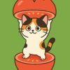 トマトの中から立ち上がる可愛い三毛猫のイラスト、赤色が映えるポップで親しみやすいキャラクターデザイン / Cute calico cat illustration standing inside a tomato, vibrant red and friendly pop-style character design