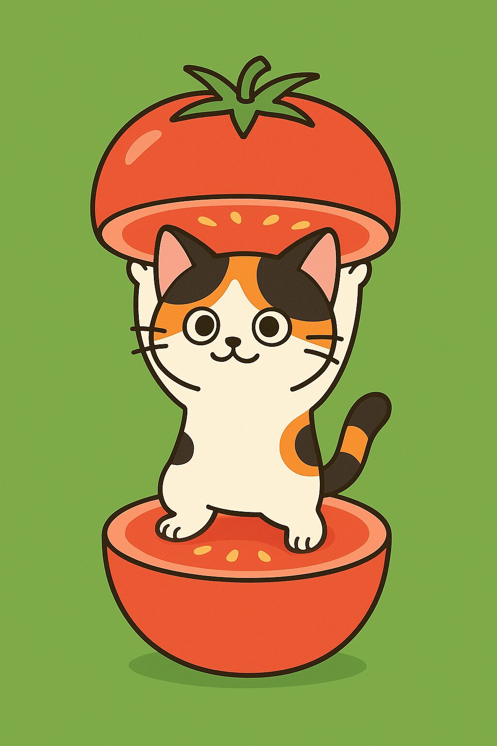トマトの中から立ち上がる可愛い三毛猫のイラスト、赤色が映えるポップで親しみやすいキャラクターデザイン / Cute calico cat illustration standing inside a tomato, vibrant red and friendly pop-style character design