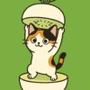 カブの中から立ち上がる可愛い三毛猫のイラスト、やさしい白と緑の配色が印象的なポップで親しみやすいキャラクターデザイン / Cute calico cat illustration standing inside a turnip, soft white and green colors with a friendly pop-style character design