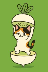カブの中から立ち上がる可愛い三毛猫のイラスト、やさしい白と緑の配色が印象的なポップで親しみやすいキャラクターデザイン / Cute calico cat illustration standing inside a turnip, soft white and green colors with a friendly pop-style character design