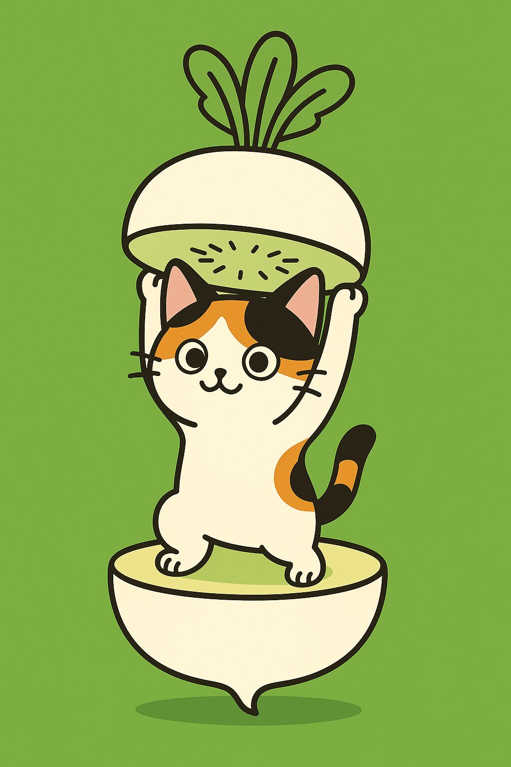 カブの中から立ち上がる可愛い三毛猫のイラスト、やさしい白と緑の配色が印象的なポップで親しみやすいキャラクターデザイン / Cute calico cat illustration standing inside a turnip, soft white and green colors with a friendly pop-style character design