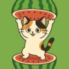 スイカの中から両手を上げて顔を出す可愛い三毛猫のイラスト、夏らしく明るいポップなキャラクターデザイン / Cute calico cat illustration raising both paws while popping out from inside a watermelon, bright and summery pop-style character design