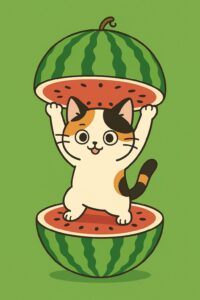 スイカの中から両手を上げて顔を出す可愛い三毛猫のイラスト、夏らしく明るいポップなキャラクターデザイン / Cute calico cat illustration raising both paws while popping out from inside a watermelon, bright and summery pop-style character design