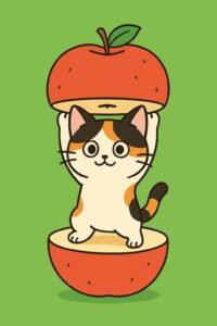 りんごの皮の中から立ち上がる可愛い三毛猫のイラスト、シンプルで親しみやすいポップなキャラクターデザイン / Cute calico cat illustration standing inside an apple peel, simple and charming pop-style character design