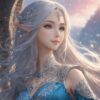 穏やかに微笑む銀髪のエルフ姫が幻想的な城の外で佇むイラスト / Illustration of a silver-haired elf princess smiling serenely outside a fantasy castle