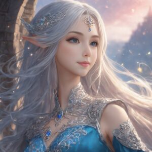 穏やかに微笑む銀髪のエルフ姫が幻想的な城の外で佇むイラスト / Illustration of a silver-haired elf princess smiling serenely outside a fantasy castle