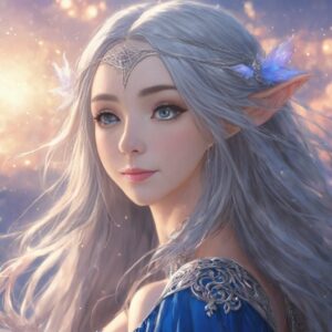 夕暮れの光に包まれた銀髪のエルフが優雅に微笑む幻想的なイラスト / Fantasy illustration of a silver-haired elf smiling gracefully in the glow of twilight