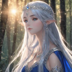 木漏れ日の中で癒しの微笑みを浮かべる銀髪のエルフの美しいイラスト / Beautiful illustration of a silver-haired elf smiling peacefully in the sunlight filtering through the trees
