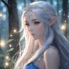 森の中でやさしく見つめる銀髪のエルフ姫の幻想的なイラスト / Fantasy illustration of a silver-haired elf princess gazing gently in the forest