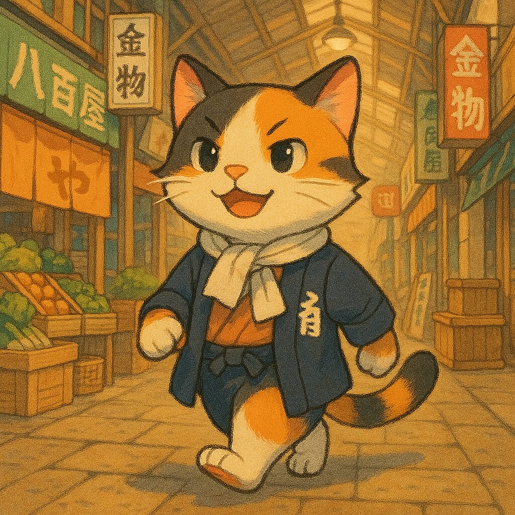 はっぴ姿で商店街を歩く三毛猫の昭和レトロな可愛いイラスト / Charming retro illustration of a calico cat wearing a traditional festival jacket walking down a shopping street