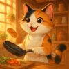 エプロン姿で楽しそうに料理をする可愛らしい三毛猫のイラスト / Cute illustration of a calico cat happily cooking while wearing an apron