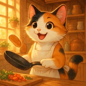 エプロン姿で楽しそうに料理をする可愛らしい三毛猫のイラスト / Cute illustration of a calico cat happily cooking while wearing an apron