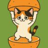 オレンジの皮の中から顔を出す可愛い三毛猫のイラスト、ポップでシンプルなデザインのキャラクターアート / Cute calico cat illustration popping out from inside an orange peel, simple and playful character art design