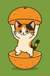 オレンジの皮の中から顔を出す可愛い三毛猫のイラスト、ポップでシンプルなデザインのキャラクターアート / Cute calico cat illustration popping out from inside an orange peel, simple and playful character art design