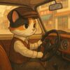 昭和レトロな車を運転する三毛猫のヴィンテージ風イラスト / Vintage-style illustration of a calico cat driving a retro Showa-era car