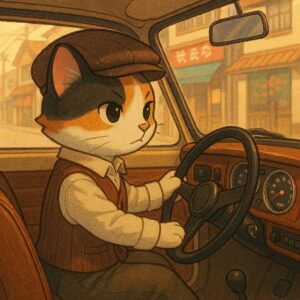昭和レトロな車を運転する三毛猫のヴィンテージ風イラスト / Vintage-style illustration of a calico cat driving a retro Showa-era car