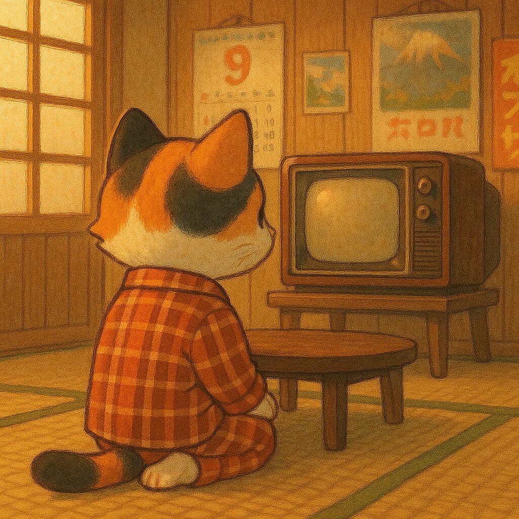 昭和風の居間でちゃぶ台の前に座りレトロテレビを見つめる三毛猫のノスタルジックなイラスト / Nostalgic illustration of a calico cat sitting in front of a low table and watching a vintage television in a Showa-style living room