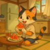 昭和レトロな台所でスイカを食べる三毛猫の夏らしい可愛いイラスト / Cute summer illustration of a calico cat eating watermelon in front of a vintage refrigerator in a retro kitchen