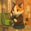 昭和レトロな公衆電話で通話する制服姿の三毛猫の可愛いイラスト / Cute illustration of a calico cat in a school uniform making a call at a retro public payphone