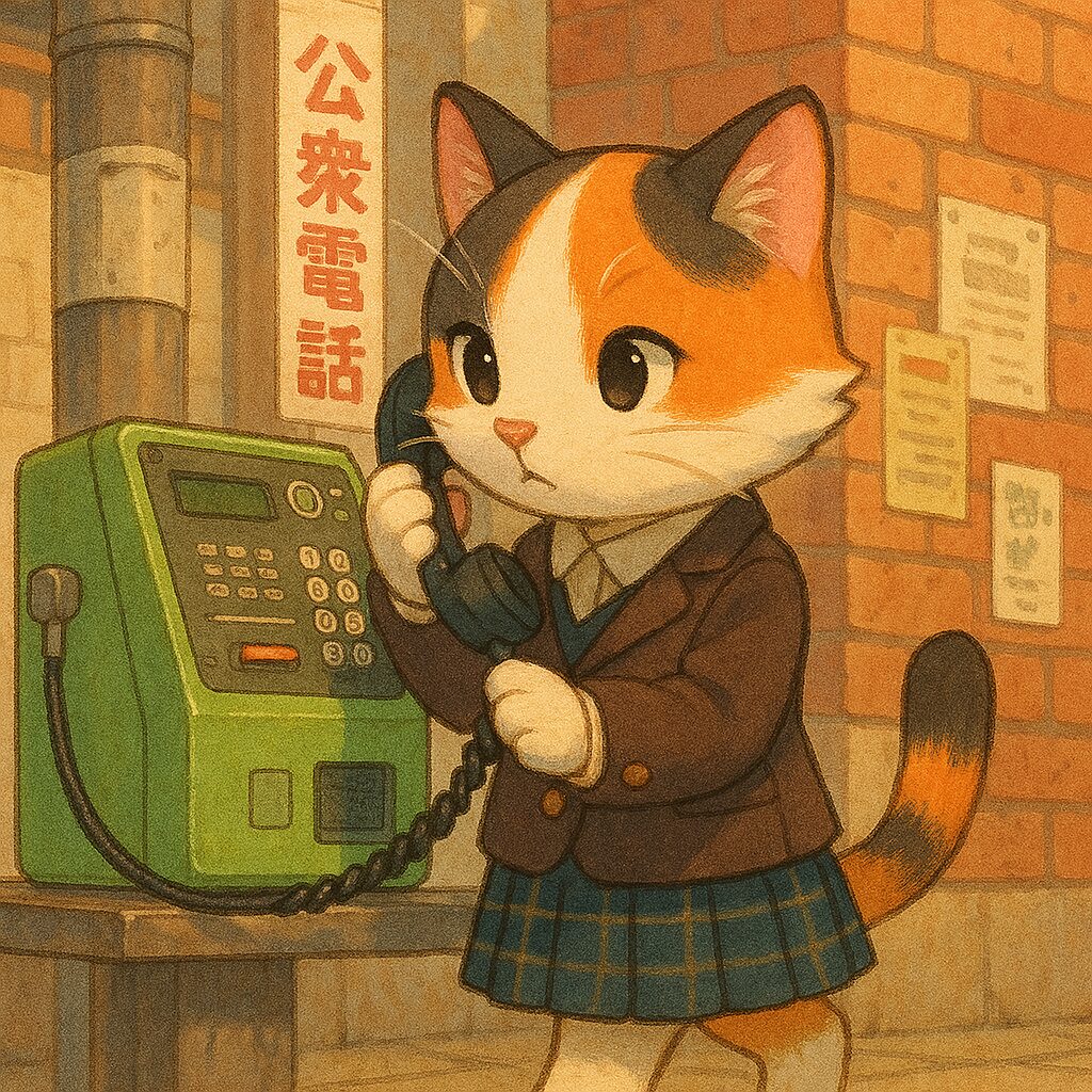 昭和レトロな公衆電話で通話する制服姿の三毛猫の可愛いイラスト / Cute illustration of a calico cat in a school uniform making a call at a retro public payphone