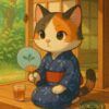 浴衣姿で団扇を持ち、縁側で涼む三毛猫の夏の風情あるイラスト / Summer-themed illustration of a calico cat in a yukata relaxing on a wooden veranda while fanning with a uchiwa
