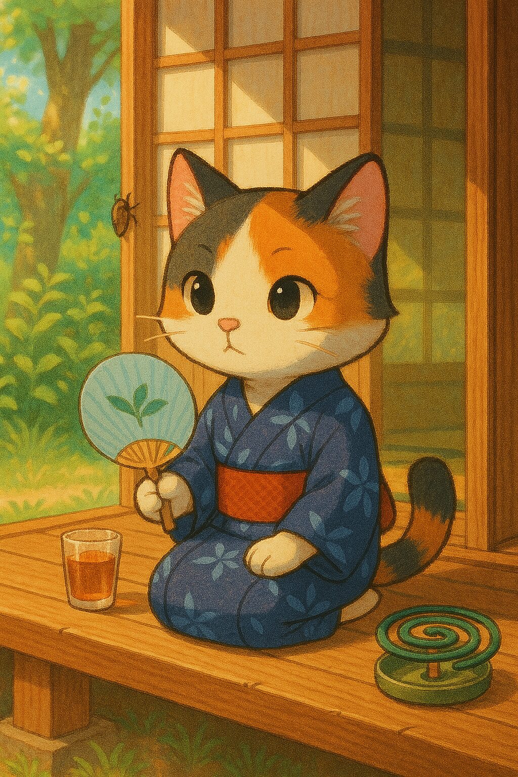 浴衣姿で団扇を持ち、縁側で涼む三毛猫の夏の風情あるイラスト / Summer-themed illustration of a calico cat in a yukata relaxing on a wooden veranda while fanning with a uchiwa
