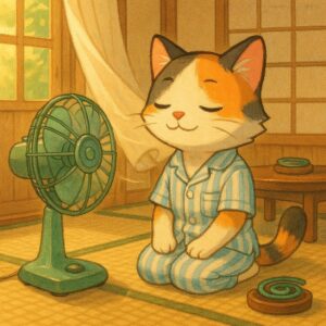 ChatGPT:昭和風の畳部屋で扇風機の風に当たりながら涼むパジャマ姿の三毛猫のイラスト / Illustration of a calico cat in pajamas relaxing in front of a retro electric fan in a tatami room