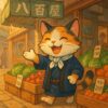 昭和の下町で八百屋を営む三毛猫のレトロかわいいイラスト / Retro cute illustration of a calico cat cheerfully running a greengrocer shop in a Showa-era downtown street