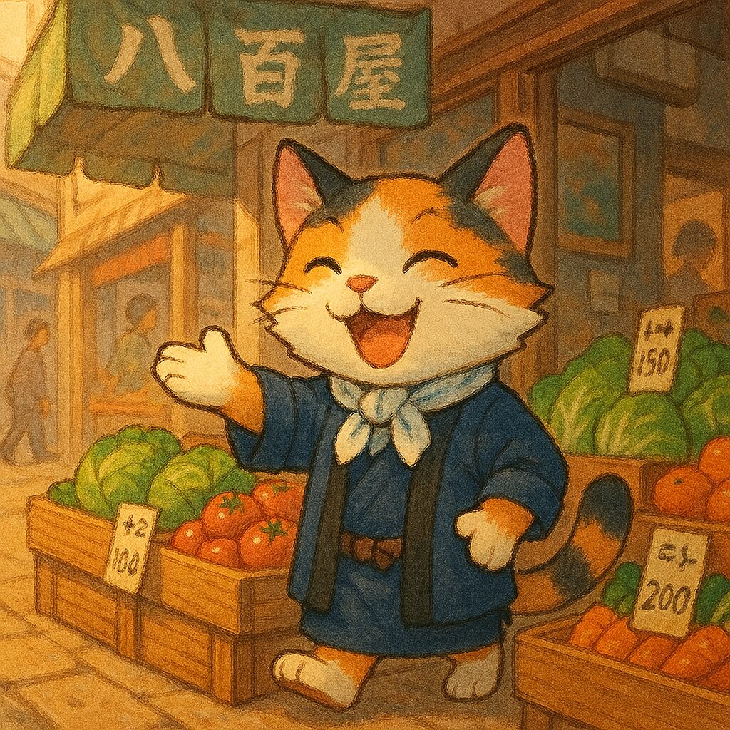 昭和の下町で八百屋を営む三毛猫のレトロかわいいイラスト / Retro cute illustration of a calico cat cheerfully running a greengrocer shop in a Showa-era downtown street