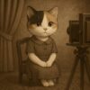 昭和の写真館で記念撮影をする三毛猫のクラシカルなイラスト / A classical illustration of a calico cat having a formal portrait taken in a Showa-era photo studio
