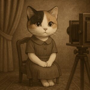 昭和の写真館で記念撮影をする三毛猫のクラシカルなイラスト / A classical illustration of a calico cat having a formal portrait taken in a Showa-era photo studio
