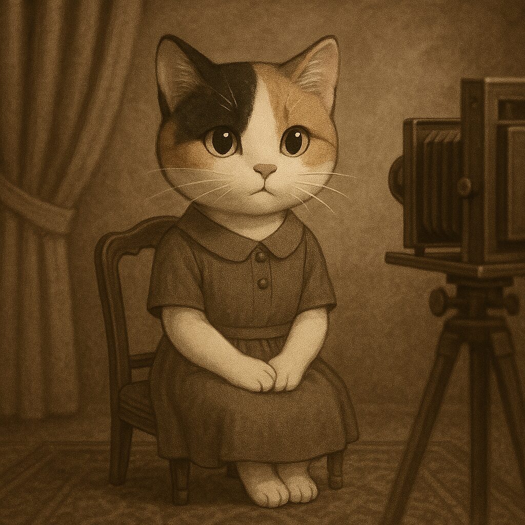 昭和の写真館で記念撮影をする三毛猫のクラシカルなイラスト / A classical illustration of a calico cat having a formal portrait taken in a Showa-era photo studio