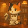 昭和レトロな喫茶店で制服姿の三毛猫が丁寧にコーヒーを淹れる可愛いイラスト / Cute illustration of a calico cat in a retro café uniform carefully brewing coffee