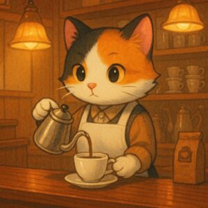 昭和レトロな喫茶店で制服姿の三毛猫が丁寧にコーヒーを淹れる可愛いイラスト / Cute illustration of a calico cat in a retro café uniform carefully brewing coffee