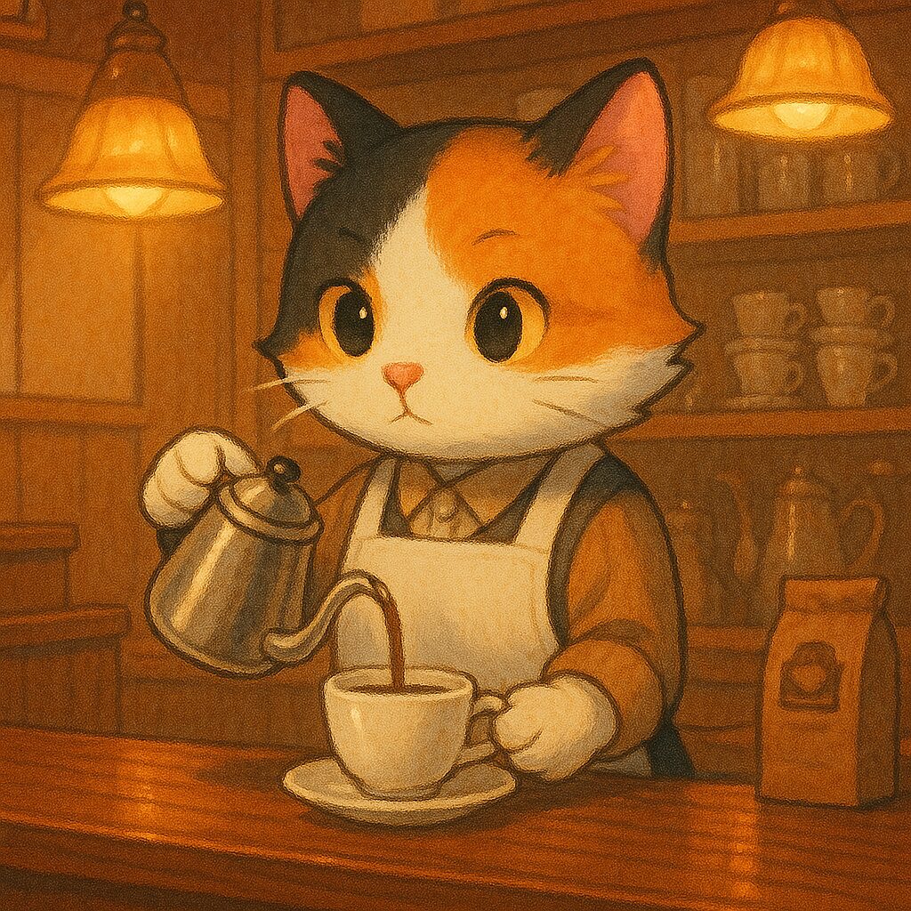 昭和レトロな喫茶店で制服姿の三毛猫が丁寧にコーヒーを淹れる可愛いイラスト / Cute illustration of a calico cat in a retro café uniform carefully brewing coffee