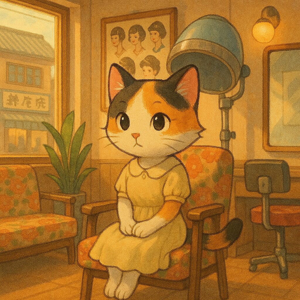 昭和の美容院で順番を待つ三毛猫のレトロイラスト / Retro illustration of a calico cat waiting her turn at a Showa-era beauty salon