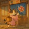 銭湯ののれんをくぐって入る三毛猫の昭和レトロイラスト / Showa retro illustration of a calico cat entering a public bathhouse through a noren curtain