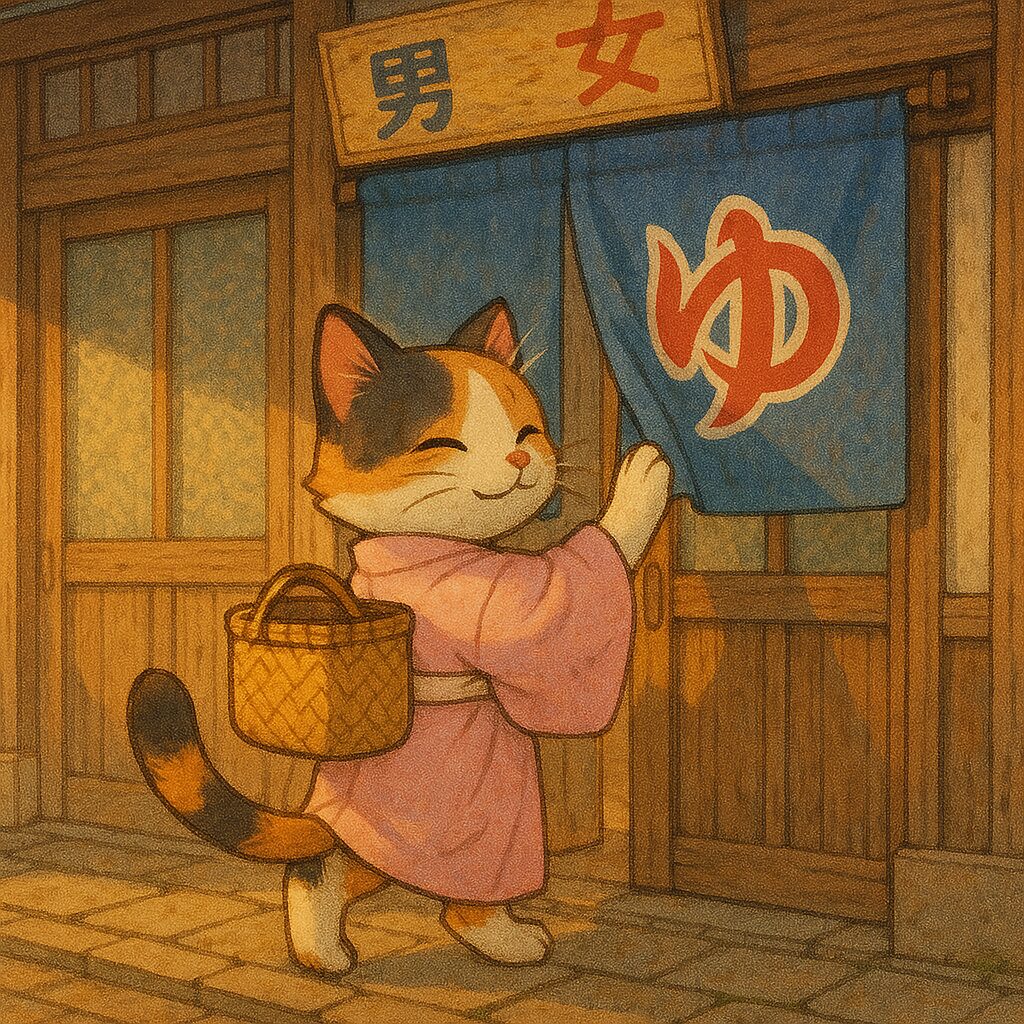 銭湯ののれんをくぐって入る三毛猫の昭和レトロイラスト / Showa retro illustration of a calico cat entering a public bathhouse through a noren curtain