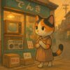 昭和の電気屋の前で家電を見つめる三毛猫のレトロイラスト / Retro illustration of a calico cat gazing at vintage home appliances outside a Showa-era electronics shop