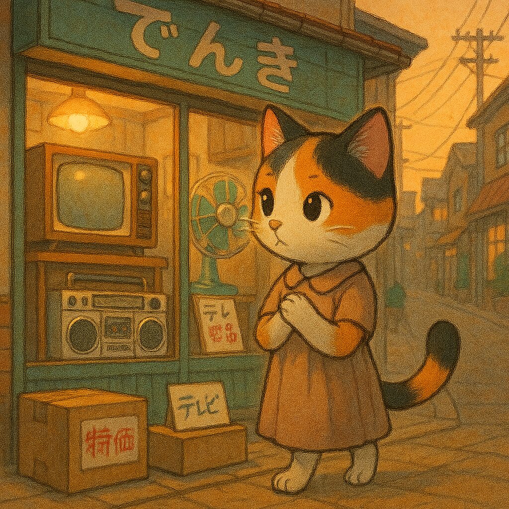 昭和の電気屋の前で家電を見つめる三毛猫のレトロイラスト / Retro illustration of a calico cat gazing at vintage home appliances outside a Showa-era electronics shop