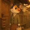 昭和アパートの玄関前でたたずむ三毛猫のノスタルジックなイラスト / Nostalgic illustration of a calico cat standing quietly in front of a Showa-era apartment entrance