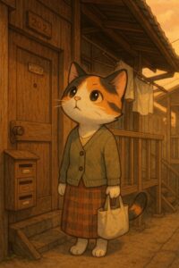 昭和アパートの玄関前でたたずむ三毛猫のノスタルジックなイラスト / Nostalgic illustration of a calico cat standing quietly in front of a Showa-era apartment entrance