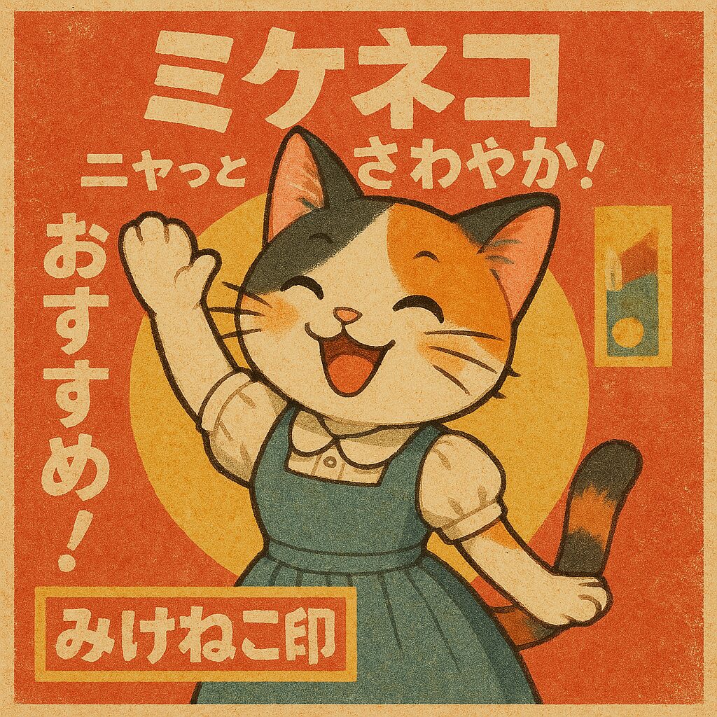 昭和レトロなポスター風デザインで笑顔を見せる三毛猫のイラスト / Illustration of a smiling calico cat in a vintage Japanese poster style with Showa retro aesthetics