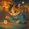 浴衣を着て金魚すくいを楽しむ三毛猫の昭和レトロなイラスト / Showa retro illustration of a calico cat wearing a yukata and enjoying goldfish scooping at a summer festival